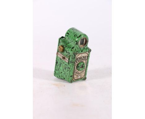 Coronet Midget 16mm film camera in marbled green bakelite case   Metal plaque is showing signs of wear. bakelite case is in g