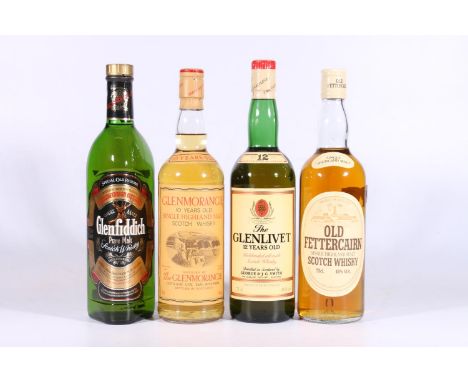 Four bottles of whisky including OLD FETTERCAIRN Highland single malt Scotch whisky 75cl 40%, GLENMORANGIE 10 year old Highla