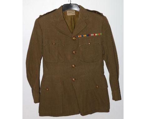 British Army uniform, a khaki green jacket with J Morton and Son of Dundee label "F HIBBERD ESQ 12.9.?7" having Armfield Ltd 