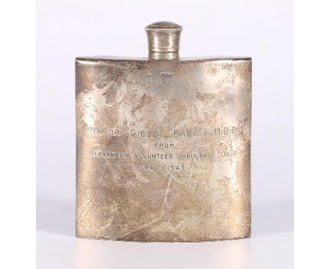 Arabic white metal hip spirit flask with presentation inscription "MAJOR GIBSON BARRIE MBE FROM ALEXANDRIA VOLUNTEER AMBULANC