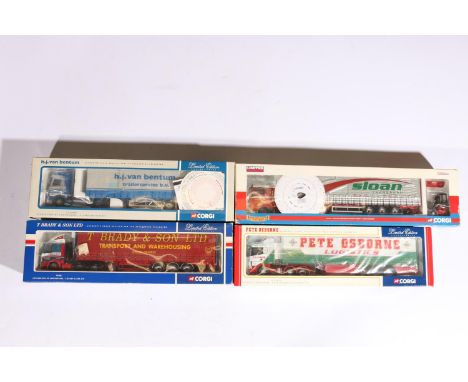 Four Corgi 1:50 scale diecast articulated lorry models including CC12207 Scania Curtainside Pete Osbourne Logistics Ltd, 7540