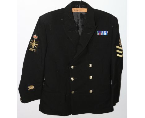 British Naval uniform, a Royal Navy black jacket with TKS staybrite anchor buttons, bullion wire AWT (Above Water Tactical) s