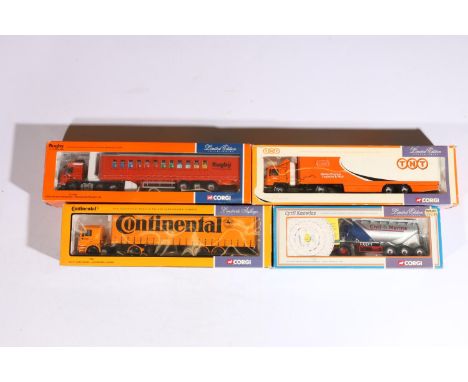 Four Corgi 1:50 scale diecast articulated lorry models including CC13503 Volvo FM Low Curtainside RMC Packed Products LTD, 75