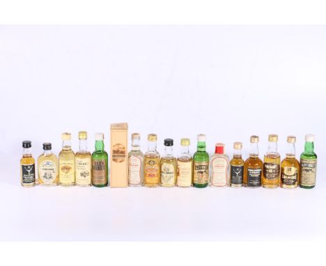 Seventeen single malt Scotch whisky miniatures including KNOCKANDO 1974 40%, CARDHU 12 year old 40%, two TOMINTOUL-GLENLIVET 