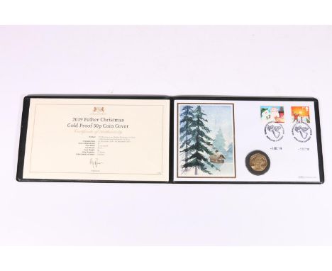 Harrington &amp; Byrne "2019 Father Christmas Gold Proof 50p Coin Cover" comprising GIBRALTAR Elizabeth II gold proof fifty p