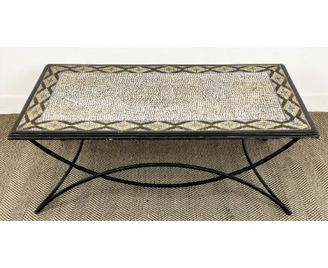 MICRO MOSAIC COFFEE TABLE, on a curved metal base, 48cm H x 128cm x 67cm together with a similar lamp table, 54cm H x 67cm x 