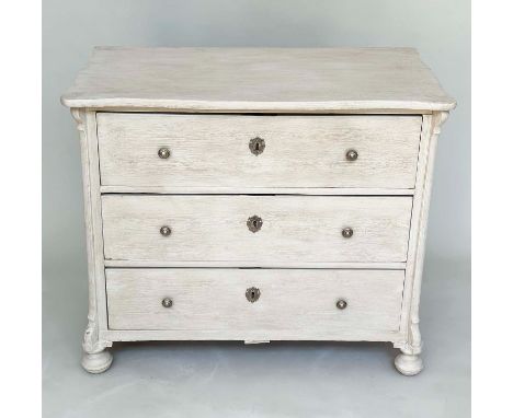 COMMODE, 19th century French Napoleon III traditionally grey painted with three long drawers, 99cm x 55cm x 85cm H.
