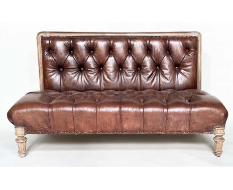 RALPH LAUREN SOFA BENCH, club style hand finished deep buttoned soft antique tan brown leather upholstery with turned support