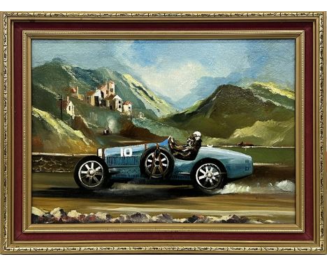 DION PEARS (British 1929-1985), 'Bugatti', oil on board, 32cm x 45cm, framed.