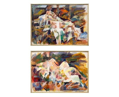 GILBERT (20th century British), 'Impressionist nude studies', a pair of oil on boards, signed 'Gilbert 88', each 75cm x 103cm