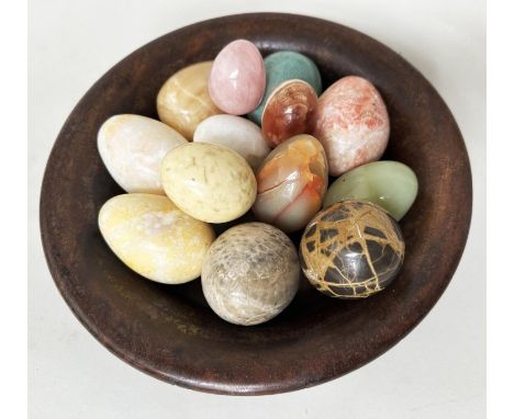 MARBLE EGGS, specimen marbles in a turned wooden bowl, approx 12, largest 7cm H, bowl 28cm D.