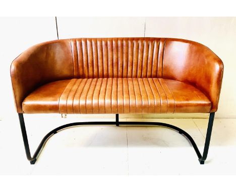 SOFA, retro style with tan leather upholstery on metal base, 76cm H x 116cm W x 55cm D.