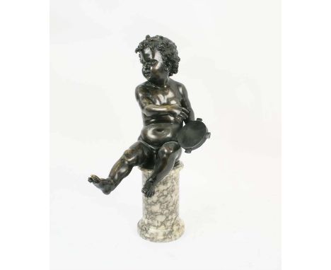 BRONZE PUTTI, 19th century seated playing a tambourine perched on a circular pedestal, 55cm H.