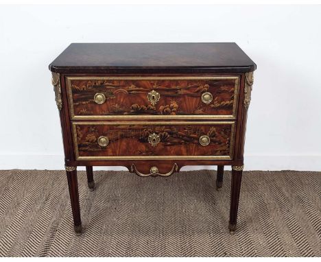 THEODORE ALEXANDER COMMODE, Louis XVI style chinoiserie lacquered with faux marble top over two drawers, 88cm H x 86cm W x 46