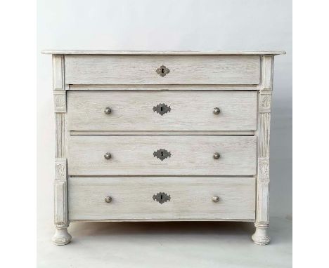 COMMODE, 19th century French, Napoleon III traditionally grey painted with four long drawers with reeded columns, 105cm W x 5