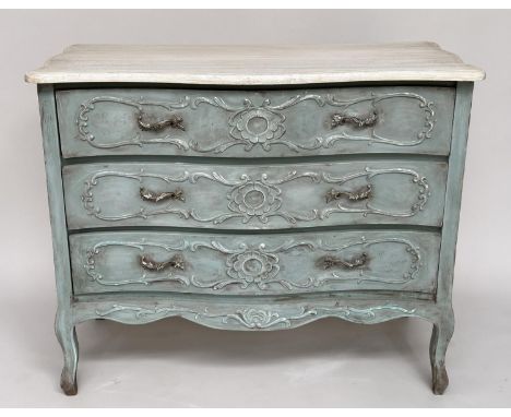 COMMODE, French Louis XV style with three long carved serpentine drawers and shaped supports, 122cm x 58cm x 99cm H.