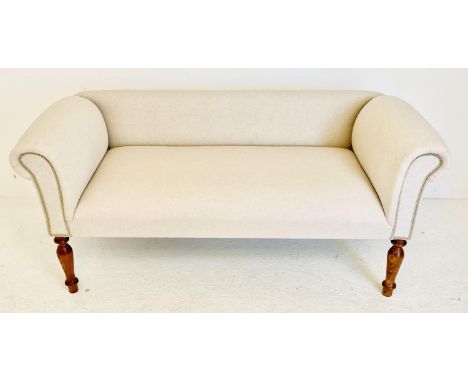 SOFA, low backed with neutral linen upholstery, 65cm H x 140cm W x 55cm D.