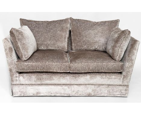ROMA SOFA, two seater with raised cut velvet Roma fabric upholstery, 86cm H x 158cm W x 86cm D.