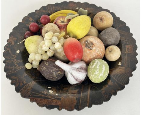 CERAMIC FRUITS, a selection of seventeen fruits (two glass), in a 19th century lacquered chinoiserie bowl tray, (17 approx), 