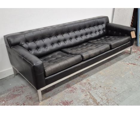 SOFA, mid-20th century, black buttoned leather, 211cm W approx.