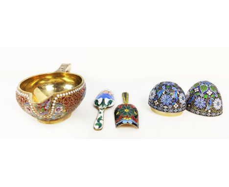 RUSSIAN KOVSH, 88 silver gilt and coloured enamels HA makers mark, 120g A.88 silver gilt enamel egg 76gr and two 91 silver gi