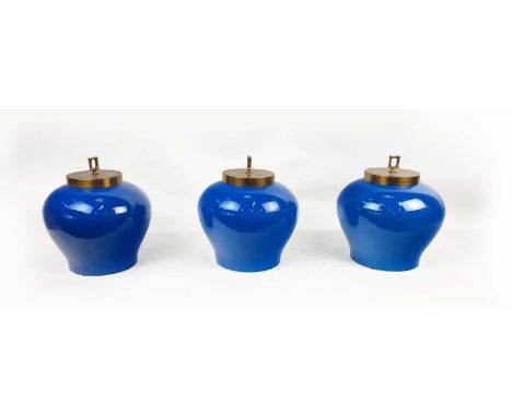 PAOLO MOSCHINO MELROSE JARS, a set of three, turquoise glazed ceramic, gilt metal covers, 40cm H. (3)
