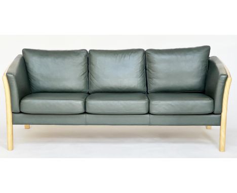 DANISH SOFA, 1970s style stitched dark green leather with three seat cushions, 195cm W.
