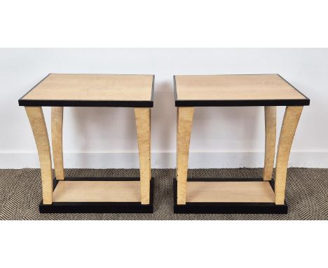 LAMP TABLES, a pair, David Linley manner birds eye maple, painted and ebonised, 67cm H x 61cm x 51cm. (2)