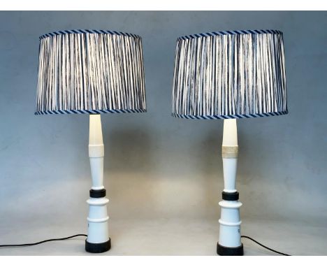 TABLE LAMPS, a pair, mid 20th century Portuguese white ceramic 'pylon' lamps, with shades, 90cm H. (2)