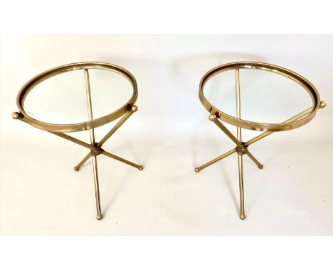 SIDE TABLES, a pair, gilt metal tripod bases with circular glass tops, 55cm H x 43cm W x 43cm D. (2)
