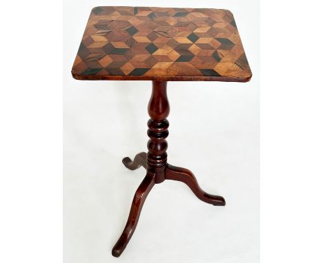 SPECIMEN WOOD TABLE, 19th century rectangular, tilt top parquetry with satinwood rosewood coromandel and other rare woods on 