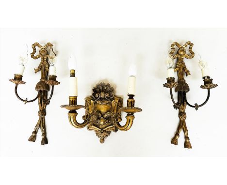 WALL LIGHTS, a pair, carved giltwood each with bow crest and two branch candelabra, together with a giltwood shield scroll tw