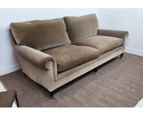 GEORGE SMITH SOFA, olive green velvet upholstered, 85cm H x 215cm x 110cm approx.