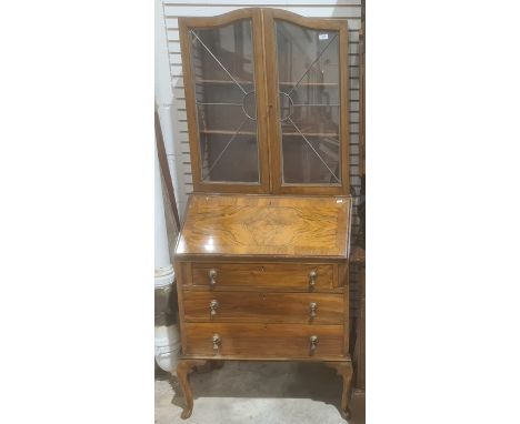 Mid 20th century figured walnutwood bureau bookcase with pair lead light doors above and on cabriole supports, 72cm wide 