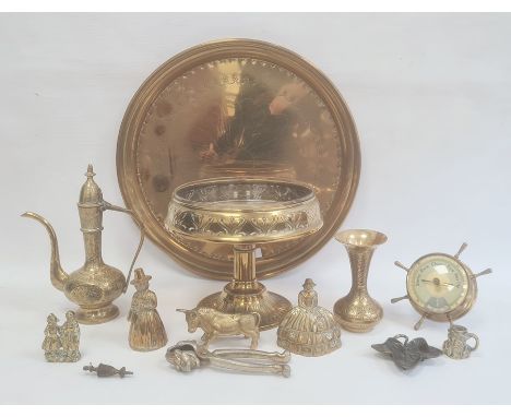 Ship's wheel barometer, a Daalderop Dutch brass and cut glass comport, a quantity of brass models and a brass tray  