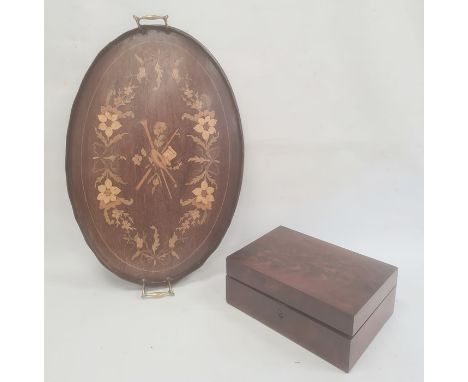 19th century marquetry inlaid twin handled tray, galleried top with instrument and foliate decoration, brass handles together