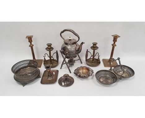 Victorian EPNS kettle and stand with naturalistic twig base, a large silver plated coaster with pierced gallery, a brass cand