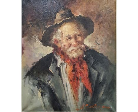 Early 20th century schoolOil on canvasHead and shoulders portrait of a man in hat and red scarfSigned indistinctly lower righ