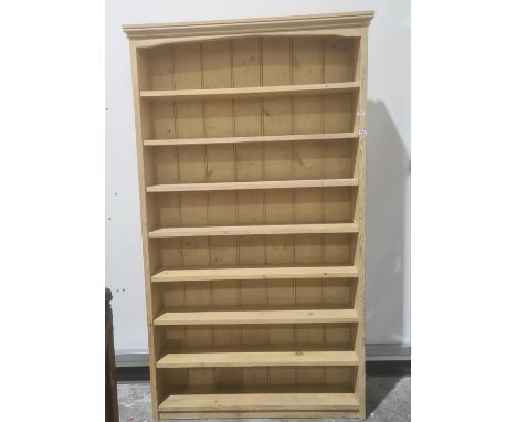 Cream painted open eight-shelf pine bookcase, 117cm x 204cm