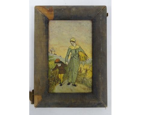 Late Victorian probably Sowerby after Walter Crane hand-painted opaque pressed glass panel,  featuring mother and child in a 