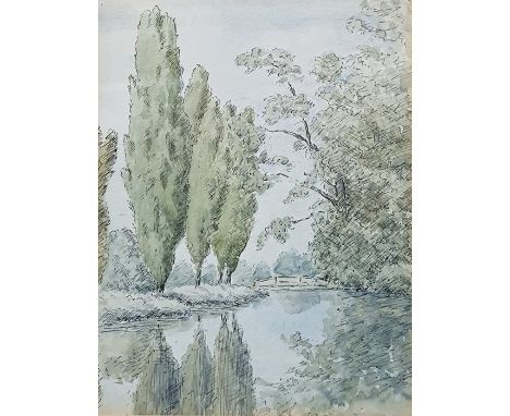 19th century WatercolourStudy of young girl in cape and bonnet, 15cm x 12cm Pen, ink and watercolour Sketch of riverside, 17c