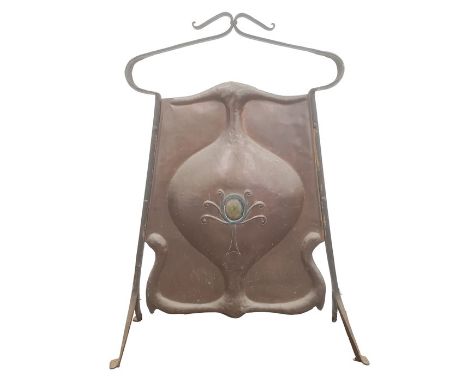 Art Nouveau copper and iron firescreen with double scroll handle to top, Art Nouveau scroll decorated on splayed feet and an 