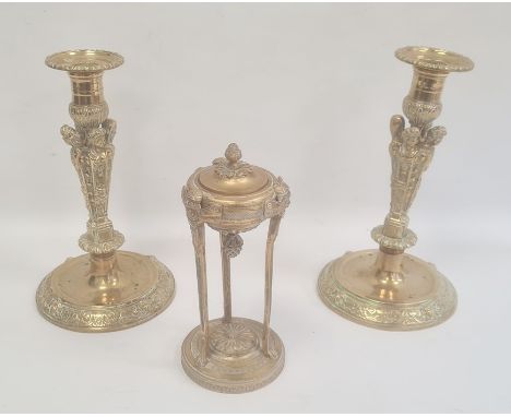 Pair antique ornate copper candlesticks, each with quadruple caraytid column, mask and scroll circular base, 24cm high and a 