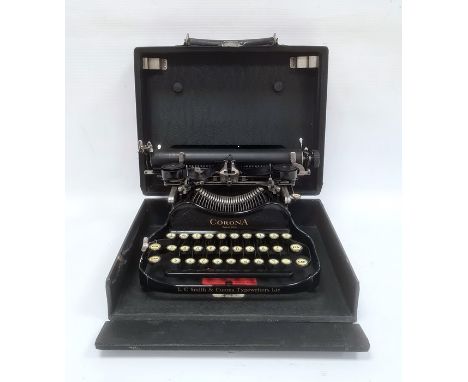 Corona black metal typewriter inscribed L C Smith &amp; Corona Typewriters Ltd, Aldwych, London in carrying case