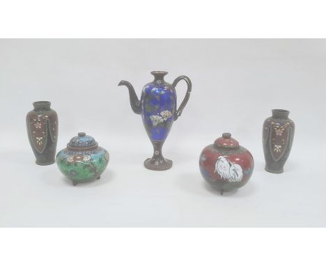 Group of five Chinese cloisonne vessels, 19th century, including a vase teapot in blue, 16cm high, a pair of oviform miniatur