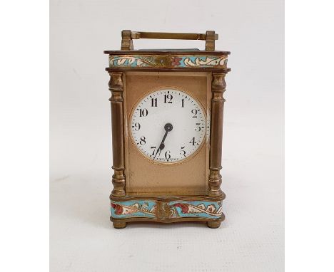 Early 20th century French miniature brass and enamel carriage timepiece with enamelled borders, 10.5cm high (some damage)&nbs