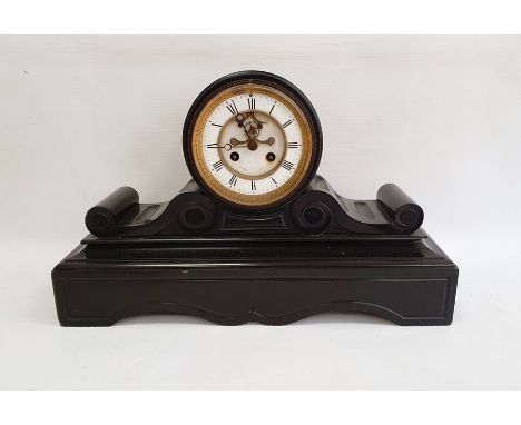 Victorian black slate mantel clock, drum-shaped movement, on scroll and shaped plinth base, with chiming movement, 50cm wide 