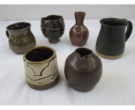 Winchcombe pottery brown glazed miniature vase, marked to base, two studio pottery tankards and other miniature vases (6) 