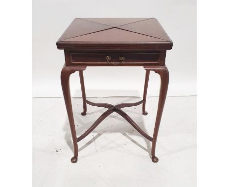 Early 20th century mahogany envelope card table on cabriole legs, X-shaped stretcher, 55cm wide