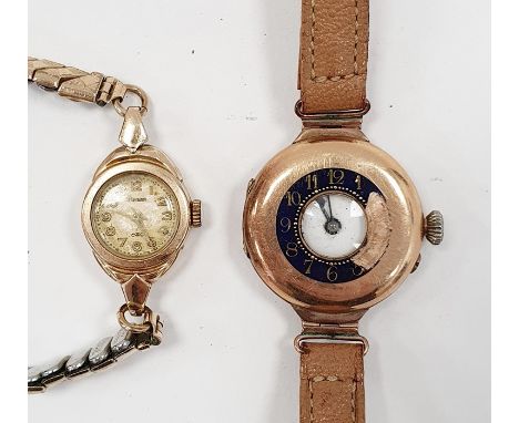9ct gold half-hunter strap watch, the exterior case with enamelled dial (damaged), the interior enamel face with arabic numer